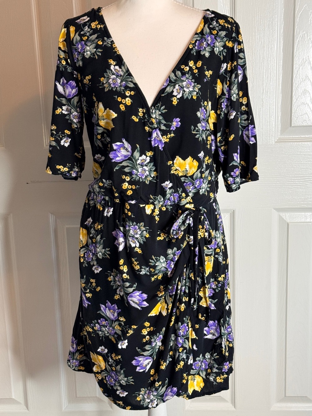 Abercrombie & Fitch Floral Faux Wrap Mini Dress Black Purple Yellow Size L
